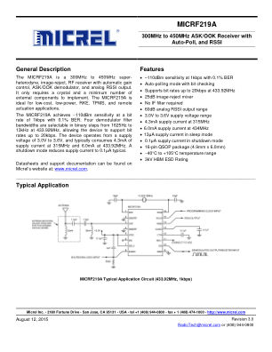 MICRF219AAYQS-TR 数据手册首页