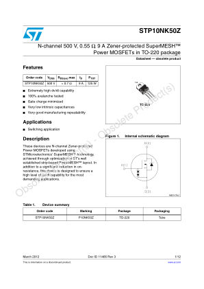 STP10NK50Z 数据手册首页