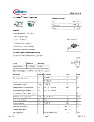 IPP60R099CPA 数据手册首页
