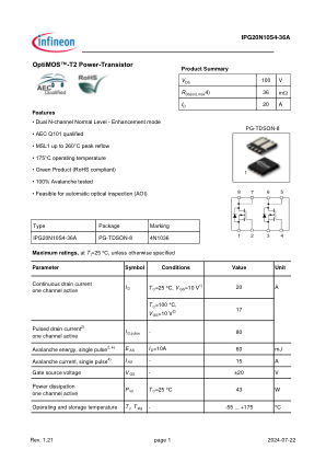 IPG20N10S4-36A datasheet cover page