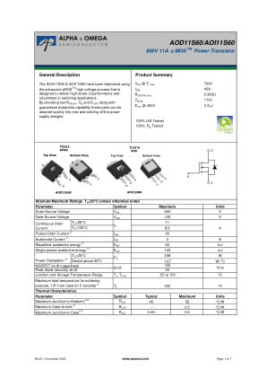 AOI11S60 datasheet cover page