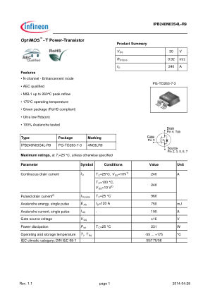 IPB240N03S4L-R9 datasheet cover page
