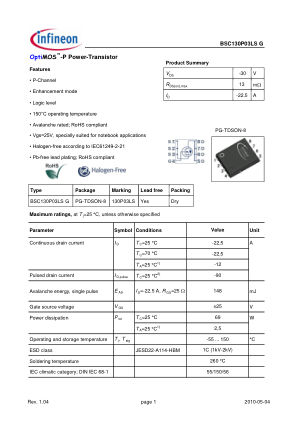 BSC130P03LS-G datasheet cover page