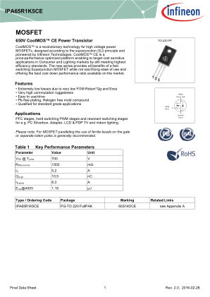 IPA65R1K5CE datasheet cover page