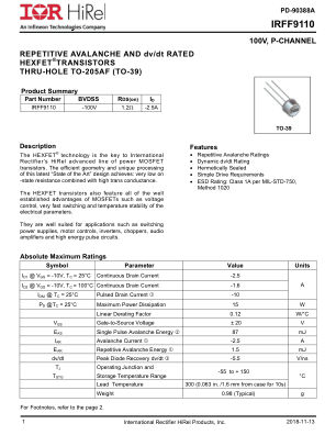 IRFF9110 数据手册首页