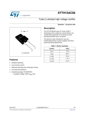 STTH15AC06 datasheet cover page