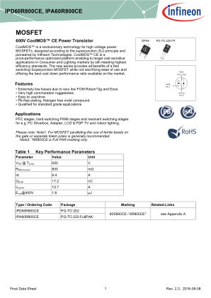 IPA60R800CE datasheet cover page