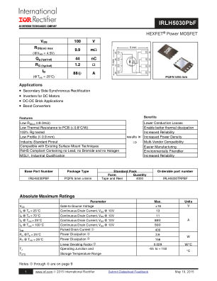 IRLH5030 datasheet cover page