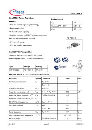 SPP17N80C3 datasheet cover page