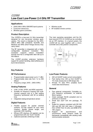 CC2550 datasheet cover page