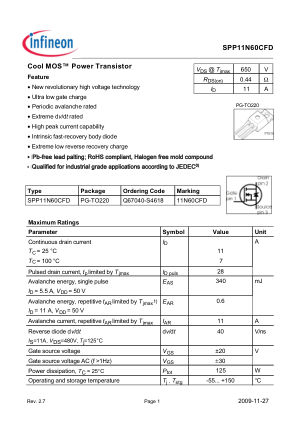 SPP11N60CFD datasheet cover page