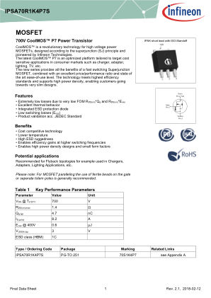 IPSA70R1K4P7S datasheet cover page