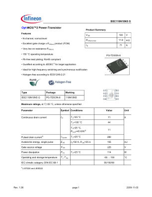 BSC118N10NS-G datasheet cover page