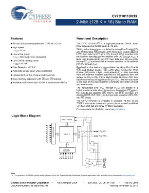 CY7C1011DV33 datasheet cover page