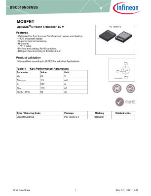 BSC019N08NS5 datasheet cover page