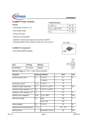 IPP60R600CP 数据手册首页