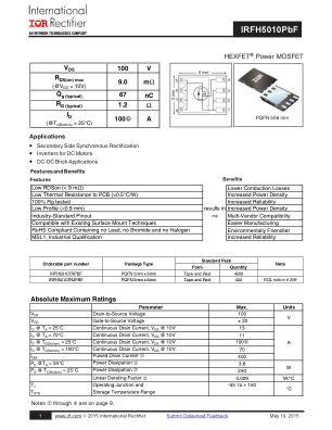 IRFH5010 datasheet cover page