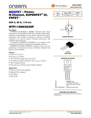 NTP110N65S3HF datasheet cover page