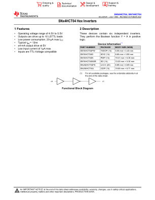 SN74HCT04 数据手册首页