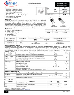 AUIRFR8405 datasheet cover page