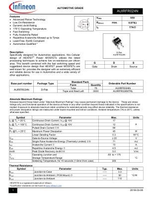 AUIRFR024NTRL datasheet cover page