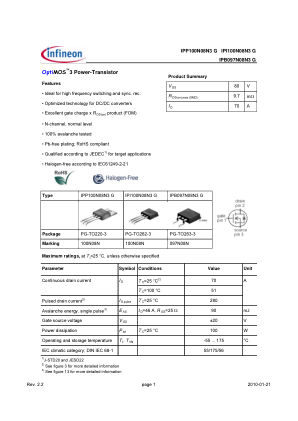 IPP100N08N3-G datasheet cover page