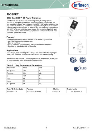 IPA65R400CE datasheet cover page