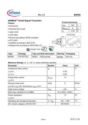 BSP89 数据手册首页