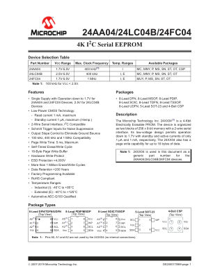 24LC04BT-I 数据手册首页