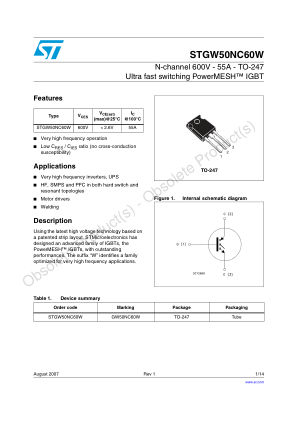 STGW50NC60W 数据手册首页