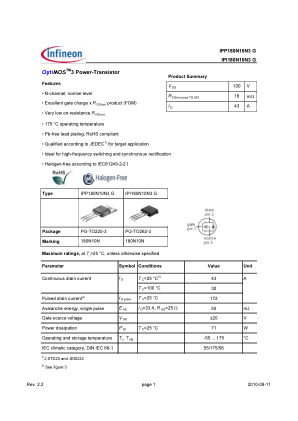 IPP180N10N3-G 数据手册首页