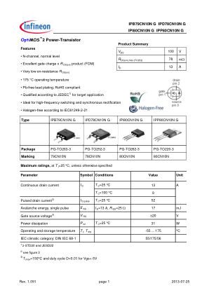 IPD78CN10N-G datasheet cover page