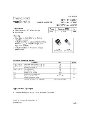 IRFR13N15D datasheet cover page