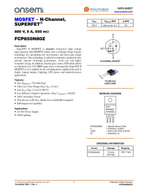 FCP850N80Z datasheet cover page