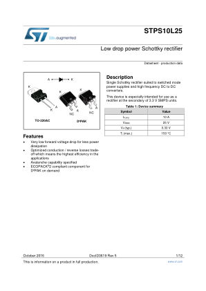 STPS10L25 数据手册首页