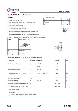 IPP114N12N3-G datasheet cover page