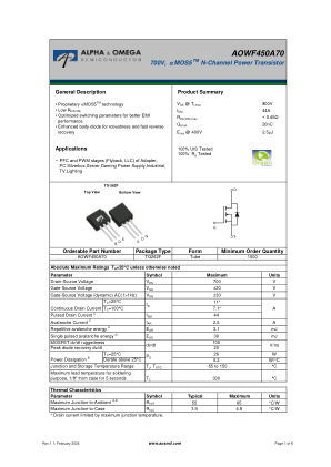 AOWF450A70 datasheet cover page