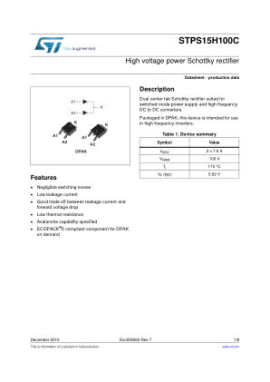 STPS15H100C 数据手册首页