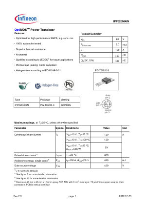 IPP020N06N datasheet cover page