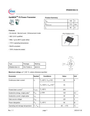 IPD60N10S4-12 datasheet cover page
