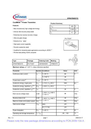 SPW47N60CFD datasheet cover page