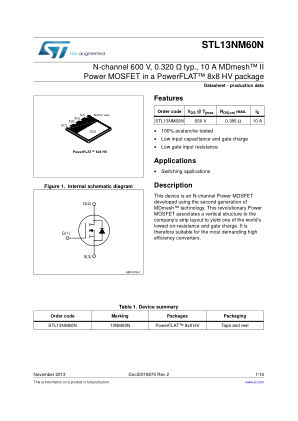 STL13NM60N 数据手册首页
