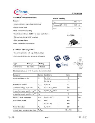 SPB17N80C3 datasheet cover page