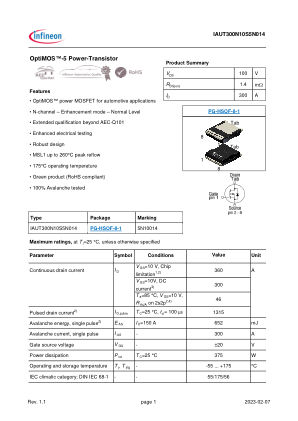 IAUT300N10S5N014 数据手册首页