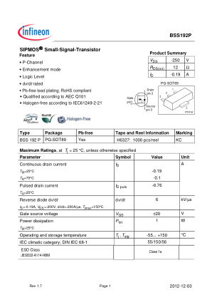 BSS192P datasheet cover page