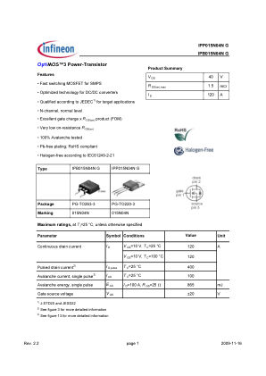 IPB015N04N-G datasheet cover page