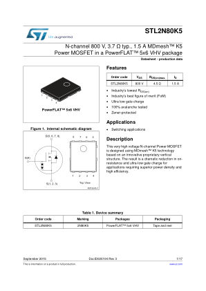 STL2N80K5 数据手册首页