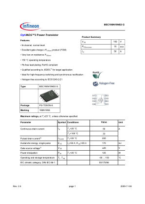BSC190N15NS3-G datasheet cover page