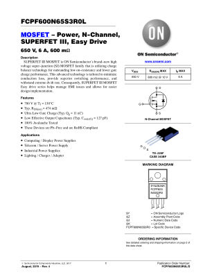 FCPF600N65S3R0L datasheet cover page