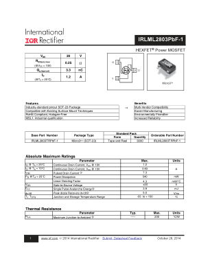 IRLML2803TRPBF-1 datasheet cover page